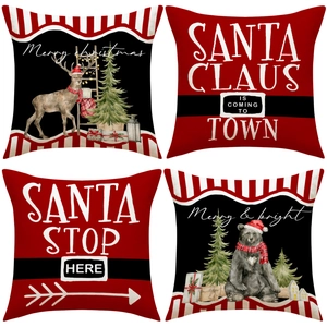 Christmas Pillow Covers Linen Decorative Cushion Case Festive Deer Bear Print For Sofa Home Decor Winter Holiday