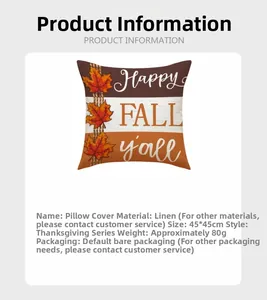 Detailansicht der Leinen-Kissenhülle mit Happy Fall y'all Schriftzug und Ahornblatt-Druck