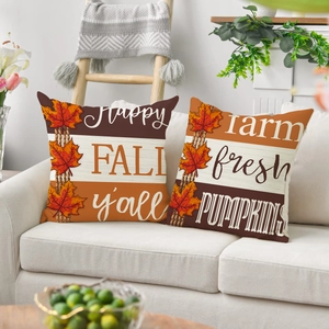 Zweiteiliges Set Herbst-Kissenbezüge aus Leinen mit Kürbis- und Ahornblattmotiv
