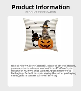 Linen Halloween pillow case detail with cat on pumpkin and wizard hat design