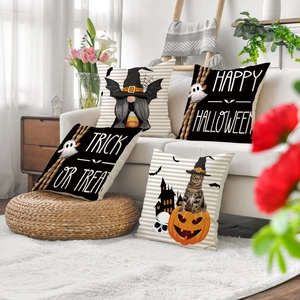 Set of 4 Halloween linen pillow covers with gnome, pumpkin, and ghost prints for home decor