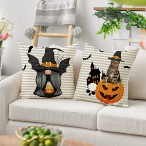 Halloween decorative linen pillowcases with funny gnome and cat on pumpkin for sofa