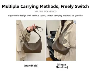 Detail showing dual carrying modes as a dark brown handbag and shoulder underarm bag