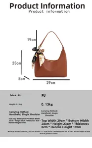Detailed size chart for brown PU leather hobo bag with a stylish patterned silk scarf