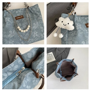 Detailed views of light blue denim tote bag with floral patterns and pearl strap charm
