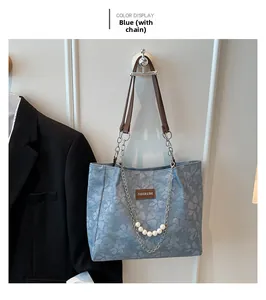Detail of blue floral tote bag with brown leather handles and pearl chain decoration