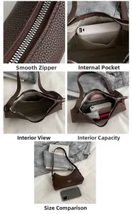 Detail of silver zipper and spacious interior of brown lychee grain leather underarm bag