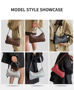 Collage of chic underarm bags in multiple colors styled on a shoulder with minimalist design