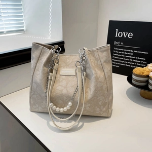 Women Large Capacity Tote Bag Floral Jacquard Fabric Shoulder Bag Artificial Pearl Chain Decoration Elegant Urban Daily Handbag