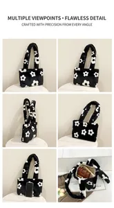 Detail view of large capacity plush flower tote bag showing interior storage and fuzzy texture