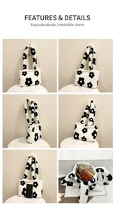 Detail view of plush tote bag with flower pattern and size comparison with phone