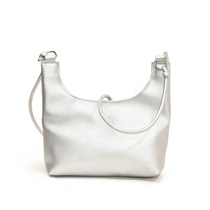 Minimalist silver metallic saddle shoulder bag with a sleek pearlescent grain finish