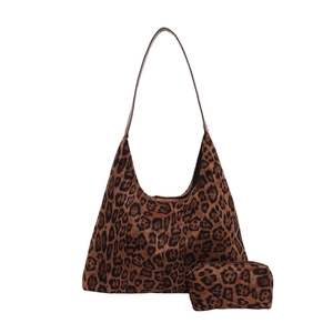 Chic leopard print suede tote bag with matching zippered pouch for women daily style