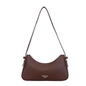 Dark brown lychee pattern leather underarm bag with crescent shape and slim shoulder strap