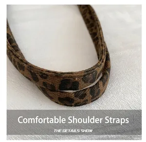 Close-up of leopard print fabric strap with detailed stitching and woven texture
