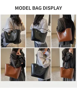 Detailed views of large black and brown leather tote bags shown on a model