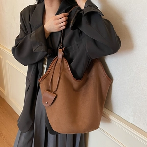 Minimalist large brown suede tote bag for women with a detachable mini coin purse