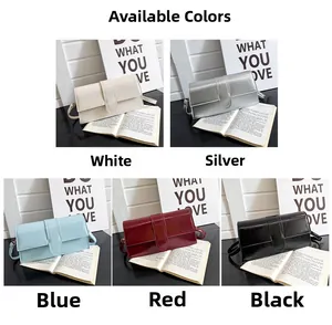 Detailed grid view showing minimalist rectangular flap bags in white, silver, blue, red, and black