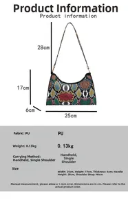 Detailed size specifications for snake pattern PU leather shoulder and handbag