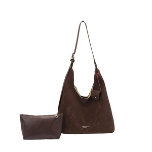 Sac cabas en daim marron avec petite pochette zippée assortie et bandoulière réglable