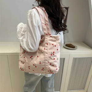 Sac cabas en velours côtelé rose avec imprimé cerises, grand sac à épaule pour femme