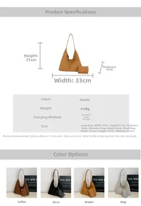 Detailed size specifications and color options for the large suede hobo tote bag set