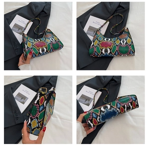 Detail view of colorful snake skin hobo bag showing four different product angles