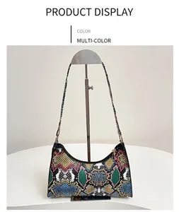 Detail of colorful snakeskin pattern on faux leather handbag with golden zipper closure