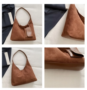Detailed views of vintage brown faux suede hobo bag with matching mini pouch and solid base