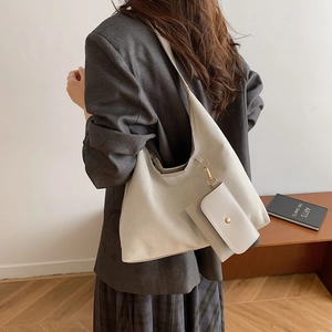 Minimalist beige suede tote bag with small pouch for women's autumn winter fashion