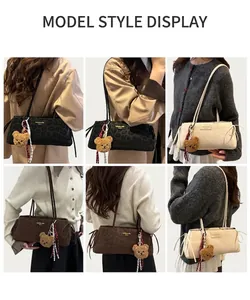 Detailed views of leopard print faux suede handbags featuring cute bear charms