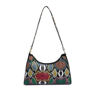 Colorful ethnic snake pattern crossbody bag with vintage baguette silhouette and top zipper
