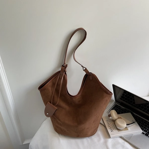 Minimalist large brown suede tote bag with small coin purse and long shoulder straps