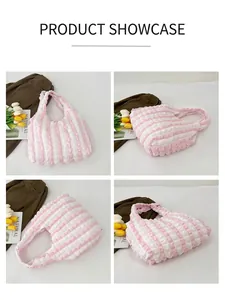 Detail view of pink and white striped bubble tote bag with soft pleated texture