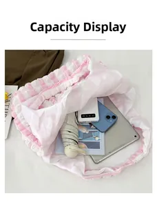 Top view of pink striped bubble tote bag showing large capacity for tablet and umbrella