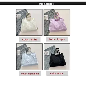 Collage showing four large canvas tote bags in white, purple, light blue, and black colors