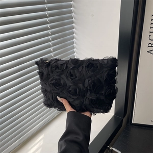 Elegant black evening clutch with 3D mesh rose flowers and rhinestone accents