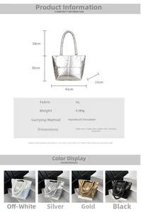 Detailed spec chart showing large quilted tote bag dimensions and four metallic colors