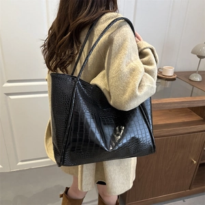 Large black crocodile embossed tote bag in premium faux leather for commute and travel
