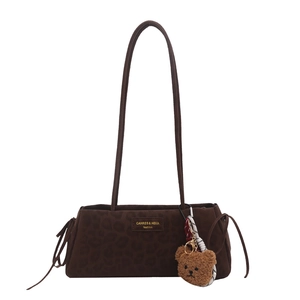 Leopard print large shoulder bag with plush bear charm and slender double straps