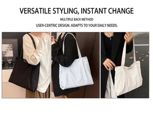 Three colors of high-capacity tote bags in black, light blue, and white canvas