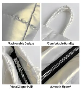 Detail of silver metallic quilted tote bag showing smooth zipper and soft padded handles