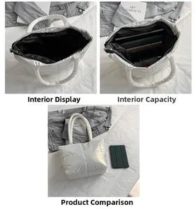 Internal view of white quilted tote bag showing large capacity for tablet and items