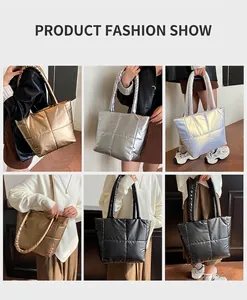 Detail showing metallic quilted puffer tote bags in gold, silver, and black colors