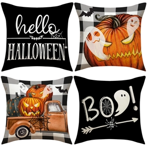 Set of 4 Halloween throw pillow covers with pumpkin ghosts and vintage truck prints