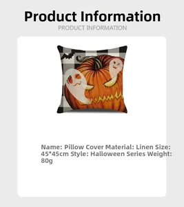 Detailed Halloween linen pillowcase specifications with pumpkin and ghost print 45x45cm