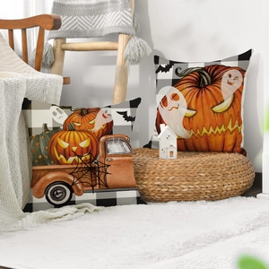 Halloween pumpkin and ghost pattern linen throw pillow covers for festive sofa decoration