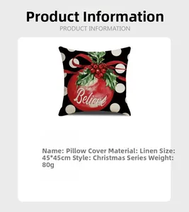 Linen Christmas pillow case detail showing 45x45cm size and Believe letter print