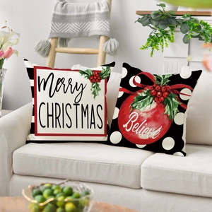 Christmas linen pillowcases set featuring Merry Christmas text and red berry patterns