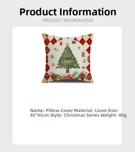 Detail specifications of Christmas linen pillowcase with festive tree and red plaid pattern